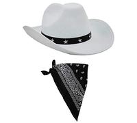 Cowboy Fancy Dress Accessory Set Costume White Cowboy Hat With Star Studded Band & Black Paisley Bandana Wild West Western Sheriff Bandanna