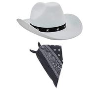 Cowboy Fancy Dress Accessory Set Costume White Cowboy Hat With Star Studded Band & Navy Paisley Bandana Wild West Western Sheriff Bandanna