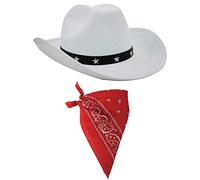 Cowboy Fancy Dress Accessory Set Costume White Cowboy Hat With Star Studded Band & Red Paisley Bandana Wild West Western Sheriff Bandanna