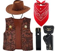 Cowboy Fancy Dress Costume Accessory Set Cowgirl Hat Bandanna Brown Waistcoat Toy Gun Belt Holster Unisex Adult for Halloween Party