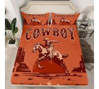 Cowboy Fitted Sheet Double Size, Cowboy Riding Horse Western Style Bedding Set 3pcs for Kids Boys Teen Adults, American West Bed Cover with 2 Pillowcases, Soft Polyester Bedding