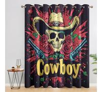 Cowboy Gothic Blackout Curtains, 90 Drop, Skull Rose Western Goth Skeleton Printed Curtains for Living Room, Bedroom, Eyelet Drapes for Window Home Decor, 46x90 Inch 2 Panels Q1F1-30