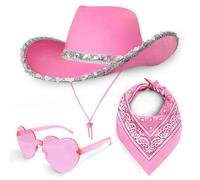 Cowboy Hat 3 Piece Set for Women (Pink with Silver Sequin Hat, Pink Paisley Bandana & Heart Sunglasses) Cowgirl Costume Accessories for Fancy Dress Festivals