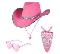 Cowboy Hat 3 Piece Set for Women - Sequin Western Hat, Paisley Bandana & Heart Sunglasses Cowgirl Costume Accessories for Party (Pink)