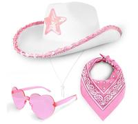 Cowboy Hat 3 Piece Set for Women (White Hat with Pink Star, Pink Paisley Bandana & Heart Sunglasses) Cowgirl Costume Accessories for Fancy Dress Festivals