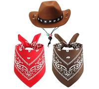 Cowboy Hat and Bandana Scarfs - Pet Western Cowboy Halloween Costumes for Dogs Cats, 1 Set of 3 (Brown,S)