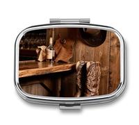 Cowboy Hat and Boots Pill Case 2-Compartment Pill Organizer with Mirror- Portable Medicine Container for Purse & Travel, Small Medicine Box for Vitamins, Fish Oil, Supplements