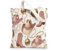 Cowboy Hat Canvas Tote Bags, Western Style Reusable Shopping Bags, Fun Lightweight Washable Shoulder Strap Bags for Gym Tra, Beige, 13x15 Inch