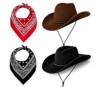 Cowboy Hat Felt Western Unisex, 2 PCS Cowboy Hats with Bandana Scarf Set | Cowboy Hat Women, Texas Texan Costume Accessories for Men, Women, Adults Wild West Fancy Dress, Halloween, Birthday Party