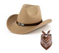 Cowboy Hat for Women Men with Bandana Scarf, Camel Felt Western Hat Wide Brim Cowgirl Hat, Unisex Rodeo Fancy Dress Hat Set, 57-58cm