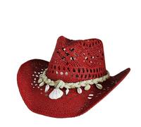 Cowboy Hat Men Western Cowboy Straw Hat Women Large Brim Red Straw Hat Party Outdoor Summer Cowgirl Sun Jazz Hat For Party Coffee(Red)