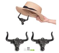 Cowboy Hat Rack for Wall Longhorn Hat Hooks Cowboy Hat Holder for wall Cast Iron Metal Wall Decor Rustic Cowboy Hat Hanger for Storage Closet Bedroom Living Room Rust Western Gifts (Rust, 2 Pack)
