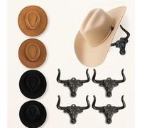 Cowboy Hat Rack for Wall Longhorn Hat Hooks Cowboy Hat Holder for wall Cast Iron Metal Wall Decor Rustic Cowboy Hat Hanger for Storage Closet Bedroom Living Room Rust Western Gifts (Rust, 4 Pack)