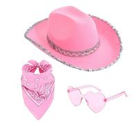 Cowboy Hat Set | Bling Jazz Hat with Glasses Headscarf | Carnival Dress up Supplies, Cowgirl Pack for Parties