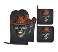 Cowboy Hat Skull A 4-Piece Oven mitt and potholder Set with Printed Grilling Mitts is Perfect for Cooking Baking and Grilling