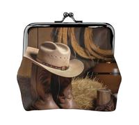 Cowboy Hat Western Boot Print Double Clasp Metal Frame Leather Kiss Lock Change Pouch Wallet for Women with Keys, Small Purses