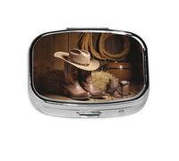 Cowboy Hat Western Boot Print Pill Box 2 Compartment Medicine Pill Case,Portable for Pocket Or Purse Pill Box Decorative Metal Medicine Organizer