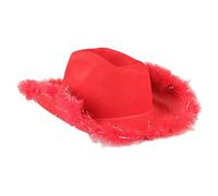 Cowboy Hat Women Felt Fluffy Feather Trim Wide Brim Cowgirl Hat for Bachelorette Theme Party Dress Up Role-Playing Costume Halloween Birthday Red