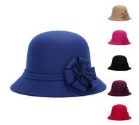 Cowboy hat Womens Wool Felt Cloche Hat UK Vintage 1920s Bowler Bucket Fedora Warm Adjustable Round Hats with Floral Decor Elegant Church Dressy Outings Daily Wear Headwear Blue