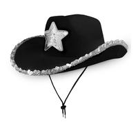 Cowboy Hats Cowboy Unisex Felt Western (1x Black Hat with Silver Sequin Star) Texas Texan Costume Accessories for Men, Women, Adults Wild West Fancy Dress Party