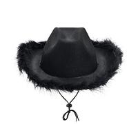 Cowboy Hats for Women Fluffy Feather Brim LED Cowgirl Hat for Bachelorette, Costume Party, Play Dress Up (Black)