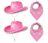 Cowboy Hats Pack of 2 Felt Western (2x Pink Hat with Star + 2x Pink Bandana) Texas Texan Costume Accessories for Women, Adults Wild West Fancy Dress Party