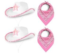 Cowboy Hats Pack of 2 Felt Western (2x White Hat with Pink Star + 2x Pink Bandana) Texas Texan Costume Accessories for Women, Adults Wild West Fancy Dress Party