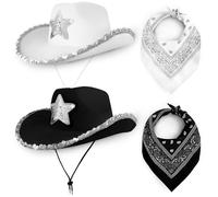 Cowboy Hats Pack of 2 Felt Western Hats (1x Black with Star, 1x White with Star + 1 Black 1 White Bandanas) Sequin Texas Texan Costume Accessories for Women, Adults Wild West Fancy Dress Party