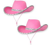 Cowboy Hats Pack of 2 Felt Western Hats (2x Pink with Silver Sequins) Texas Texan Costume Accessories for Women, Adults Wild West Fancy Dress Party