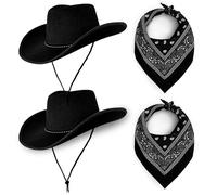 Cowboy Hats Pack of 2 Unisex Felt Western (2x Black Hat & 2x Black Bandanas) Texas Texan Costume Accessories for Men, Women, Adults Wild West Fancy Dress Party