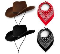 Cowboy Hats Pack of 2 Unisex Felt Western Hats & Bandanas Texas Texan Costume Accessories for Men, Women, Adults Wild West Fancy Dress Party - Durable Felt (1x Black Hat, 1x Brown Hat & Bandanas)