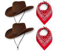 Cowboy Hats Pack of 2 Unisex Felt Western Hats & Bandanas Texas Texan Costume Accessories for Men, Women, Adults Wild West Fancy Dress Party - Durable Felt (2x Brown Hat & 2x Red Bandana)