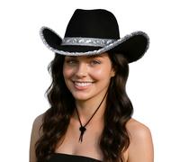 Cowboy Hats Unisex Felt Western Cowgirl (1x Black Hat with Silver Sequins) Texas Texan Costume Accessories for Men, Women, Adults Wild West Fancy Dress Party