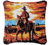 Cowboy Horse Latch Hook Kits Pillow DIY Rug Crochet Hook Cushion Making Kits Preprinted Pattern Canvas DIY Handmade Rug Pillow Hooking Kits for Christmas Decoration43x43cm