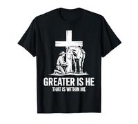 Cowboy Kneeling at Cross Greater is He Western Jesus Faith T-Shirt