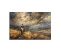 Cowboy Landscapes Oil Painting Style Canvas Poster Wall Art - Rustic Western Horse Artwork Prints, Modern Wild West Decor for Living Room Bedroom Hallway Ranch-Style Home Interior Space 12x18inch(30x4