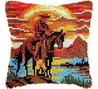 Cowboy Latch Hook Kits Pillow for Adults Throw Pillow Pre-Printed Patterns Pillowcase Needlework Crochet Yarns Latch Hooking Cushion for Sofa Decor 17x17inch(y82)