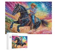 Cowboy on Black Horse in Galaxy 300 Piece Jigsaw Puzzle for Teens 14+ Party Game Logic Thinking Gift for Social Gathering 300 PCS