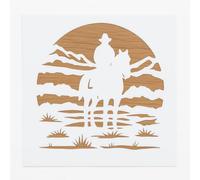 Cowboy on Horse Stencil - Reusable 5x5 Inch Western Landscape Template with Mountains, Sunset & Prairie Scene - DIY Craft Stencil for Rustic Wall Art & Country Decor