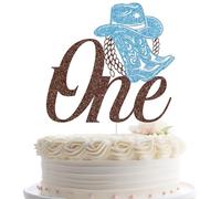 Cowboy One Cake Topper, West Cowboy Baby Shower Cake Decor, Yee Haw My 1st Rodeo, Cowboy First Birthday Party Decorations Brown & Blue Glitter