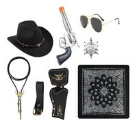 Cowboy Outfit for Men, 9Pcs Western Costume Set with Hat, Scarf, Belt, Toy Pistol, Badges, Necklace, Glasses and Holster, Ideal for Halloween, Cosplay and Themed Parties