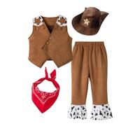 Cowboy Outfit for Toddler Boys Classic Western Style Vest Costume Set Festival Suede Clothes with Trouser Hat 4 Pcs Woody Party Suit 2-3T