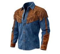 Cowboy Outfit Men's Western Shirts Suede Fringe Jacket Button Down Long Sleeve Work Fringe Shirt Hippie Outfits Carnival Western Shirt Retro Style Casual Button Down Lapel Collar Shirt, O Blue, XXXXXL