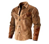 Cowboy Outfit Men's Western Shirts Suede Fringe Jacket Button Down Long Sleeve Work Fringe Shirt Hippie Outfits Carnival Western Shirt Retro Style Casual Button Down Lapel Collar Shirt, R Brown, XXL