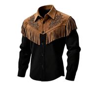 Cowboy Outfit Men's Western Shirts Suede Fringe Jacket Button Down Long Sleeve Work Fringe Shirt Hippie Outfits Carnival Western Shirt Retro Style Casual Button Down Lapel Collar Shirt, O Black, L