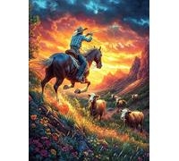 Cowboy Riding A Horse at Sunset 500 Pc DIY Jigsaw Puzzle Fairy Tale Scenery Cartoon Puzzles for Adults Teens Hard Challenging Team Building Stress Reducing Autumn Sturdy Wooden Cardboard 500 PCS