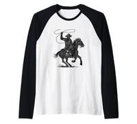Cowboy Riding Horse Black Icon, Western Vintage Look Raglan Baseball Tee