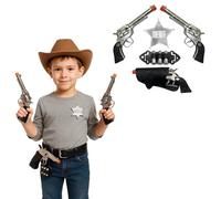 Cowboy Sheriff Role Play Set Age 3+ - Twin Toy Guns with Holster Belt, Bullets, & Sheriff Badge - Complete 7-Piece Cowboy Costume Accessories for Kids - Kids Pretend Play Fancy Dress up Set