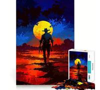 Cowboy Silhouette Under A Yellow Moon Jigsaw Puzzles 1000 Piece for Teenagers Brain Think, Smooth Connection, Real Challenge, Festive Gift (50x75cm)