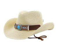 Cowboy Straw Hat Cowgirl Hat Straw Sun Hat Vintage Nationality Style Roll up Summer Beach Hat for Men Women Summer Beige